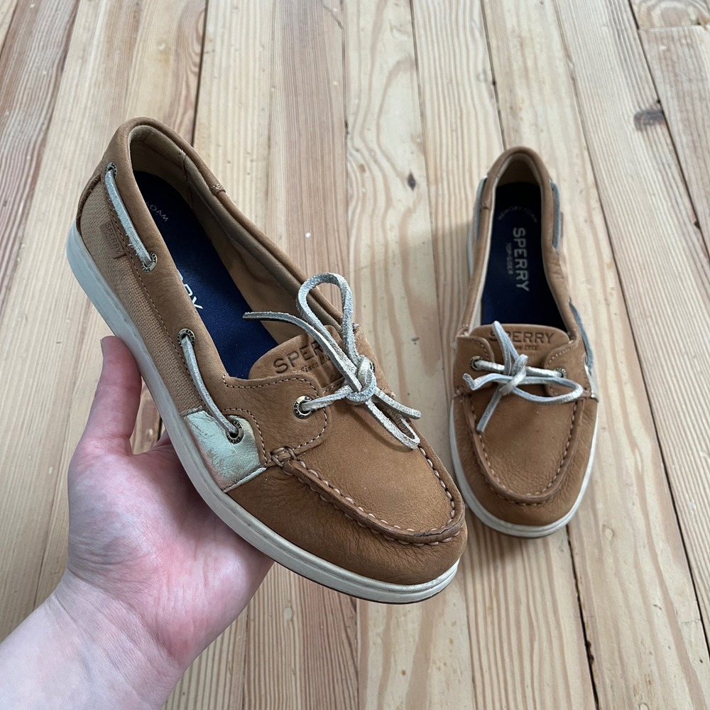 Sperry Top-Sider Womens Tan Leather Canvas Metallic Boat Shoes Size 6.5 casual